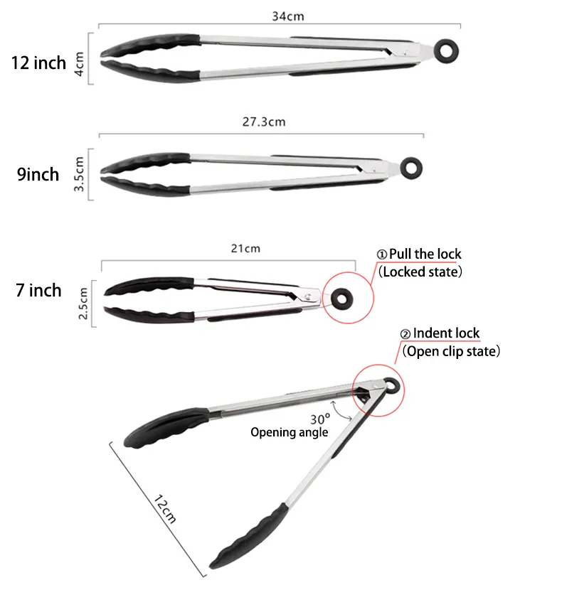バーベキューツールバーベキュー焼きトングのためのトングのためのトングはフードクリップの調理器具キッチンクッキング7/9/12インチシリコン