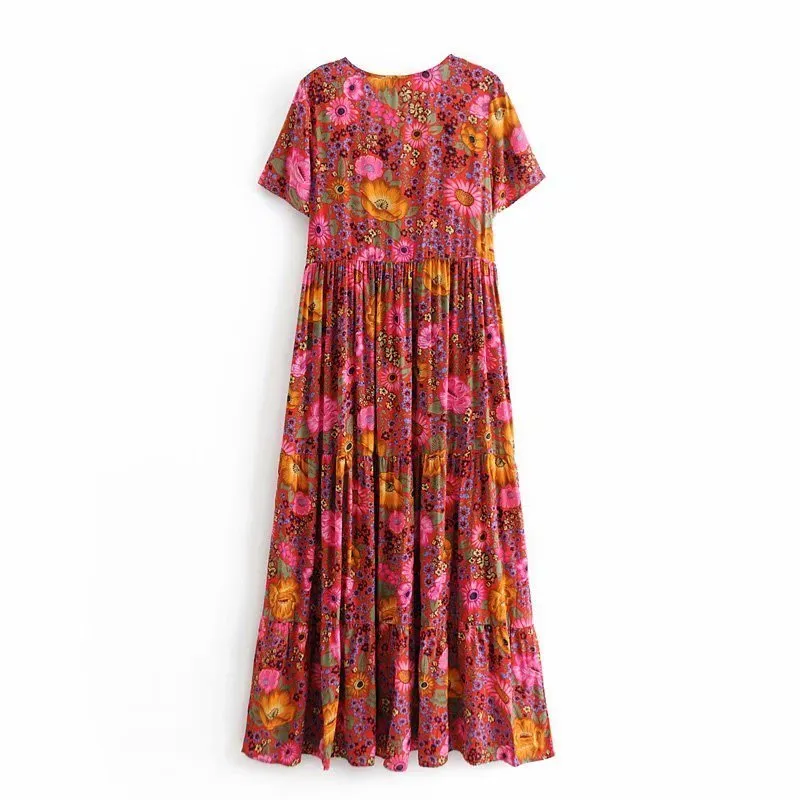 Happie queen diepe v-hals knop rood bloemen print strand bohemien maxi jurk dames rayon zomer boho sundress vestidos 220308