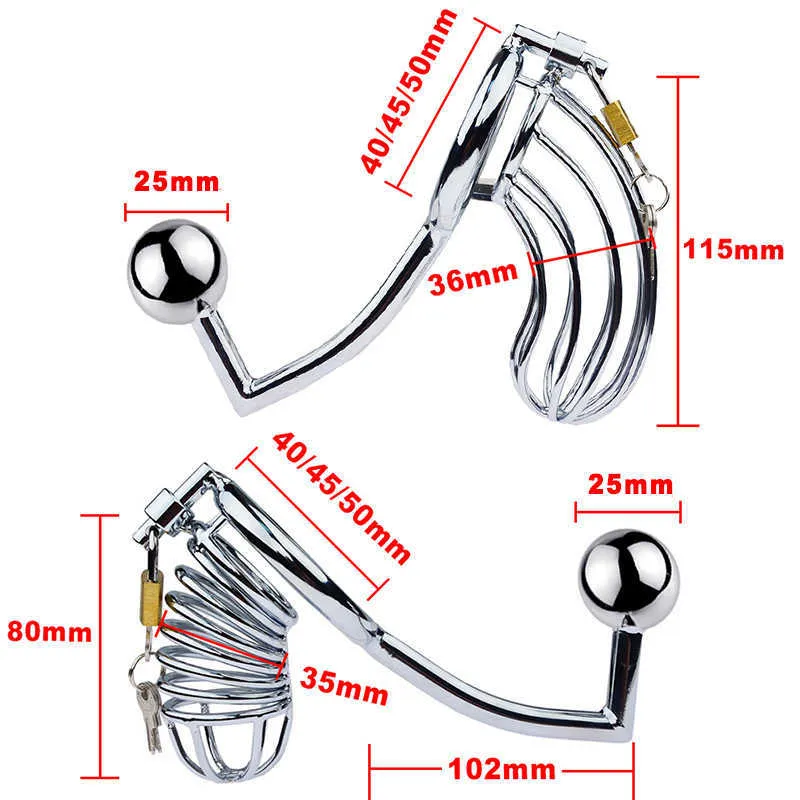 Prodotti del sesso maschile Cintura di castità in acciaio inossidabile Gabbia pene con butt plug BDSM Bondage Anello pene regolabile Gabbia pene in metallo P0826