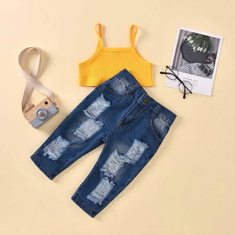 Wholesale Summer Children Girls 2-pcs Sets Solid Color Vest Top + Denim Hole Pants Kids Outfits E3018 210610