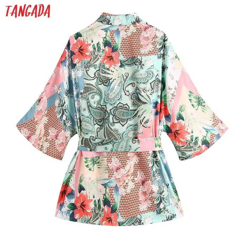 Tangada Femmes Fleur Imprimer Kimono Blouse avec Slash Chic Femme Casual Lady Chemise surdimensionnée Tops CE163 210609