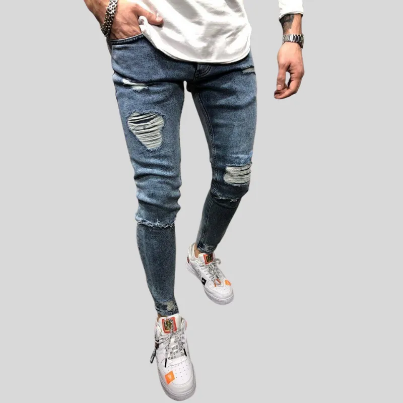 Män rippade jeans sommar höst denim byxor för mens leggings slim-fit motorcykel byxor stor storlek s-3xl