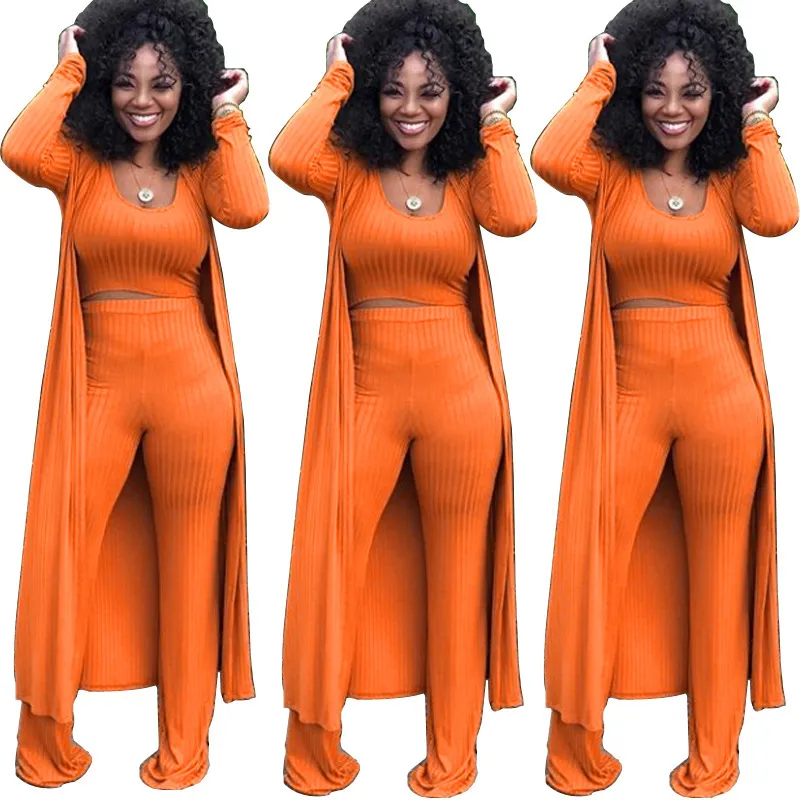 Women's suit Three-piece O Neck Long sleeve Solid Knitted Plus Size Autumn Red Brown Army green Orange Arrival 210416