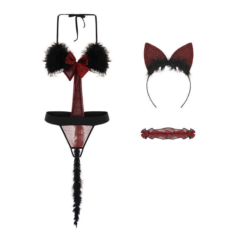 Intimo sexy Tentazione uniforme Tre punti Un pezzo Peluche Cavallo aperto Scavato Cosplay Coda di gatto Set di lingerie gotica Y0911