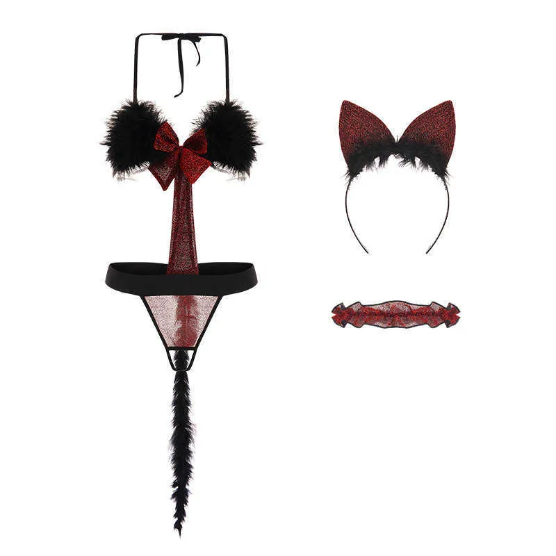Sexy Unterwäsche Uniform Versuchung Dreipunkt einteiliges Plüsch offener Schritt ausgehöhlt Cosplay Katze Schwanz Gothic Dessous Set Y0911