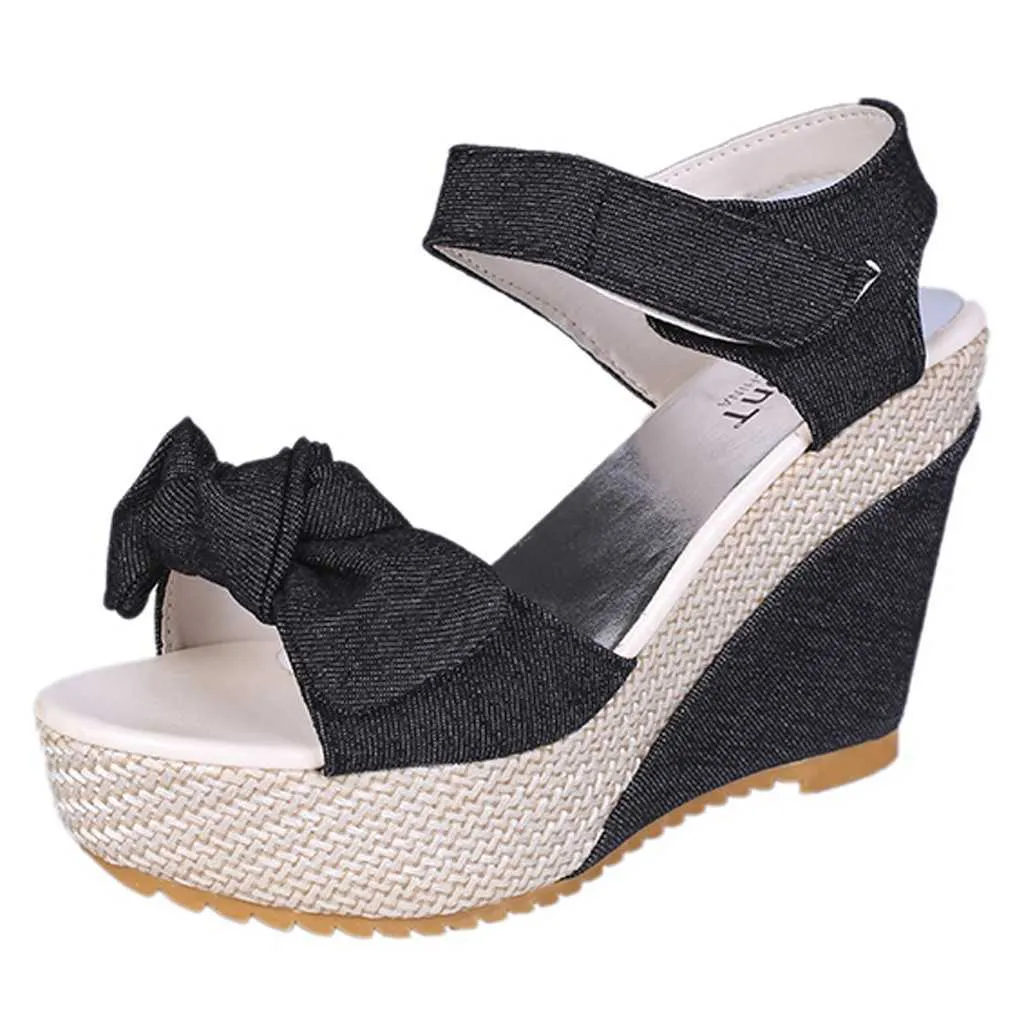 2020 Yeni Tasarımcı Denim Sandalet Kadın Sandalet Yüksek Kaliteli Takozlar Yüksek Topuklu Peep-Toe Platformu Ayakkabı Kadın Kalın Alt Sandalet Y0608