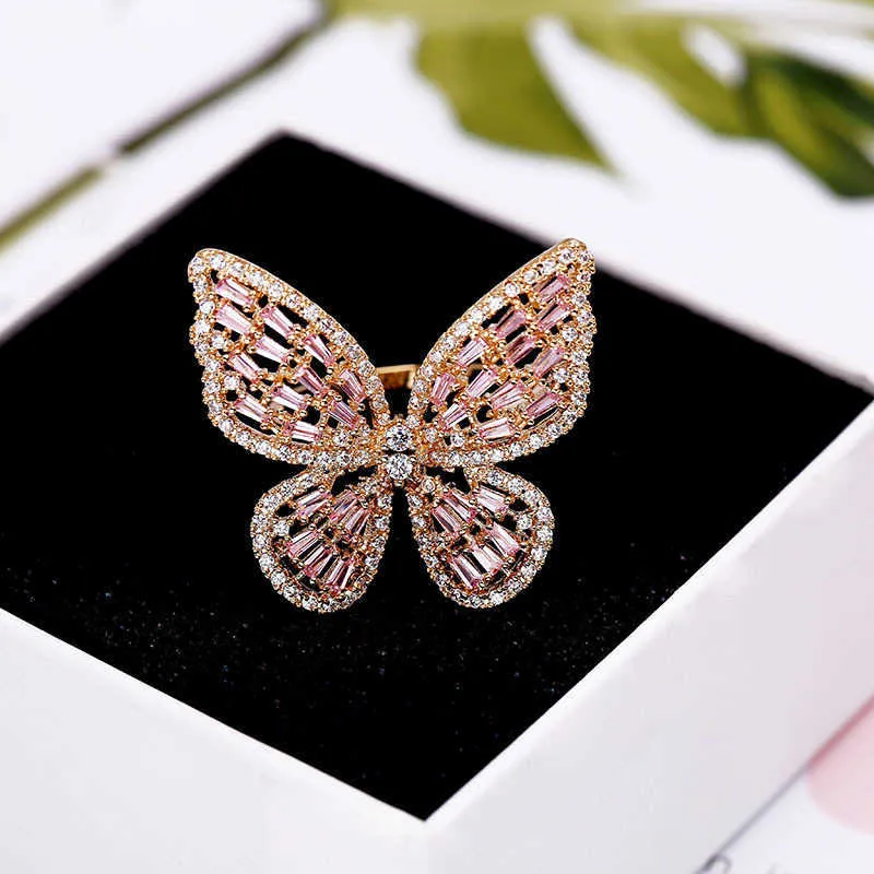HUAMI легкие роскошные регулируемые кольца-бабочки для женщин, открытое кольцо с открытыми пальцами, розовый, белый цвет, ювелирные изделия с цирконом 5507771