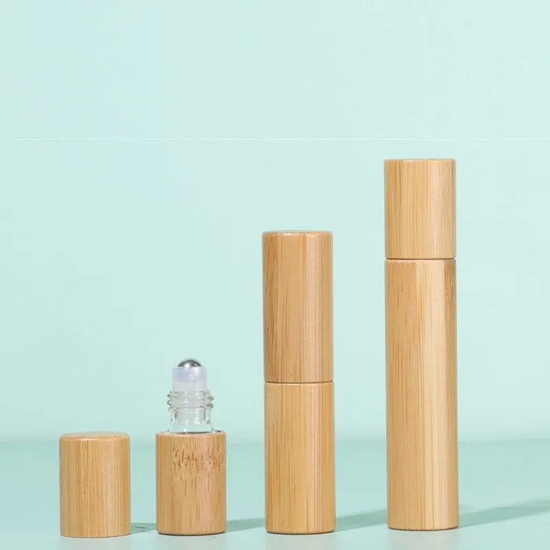 3/5/10ml Bamboo Roll On Bottle For Essential Oils Clear Glass Inner with Natural Bamboo Wooden Shell Perfumes Bottles