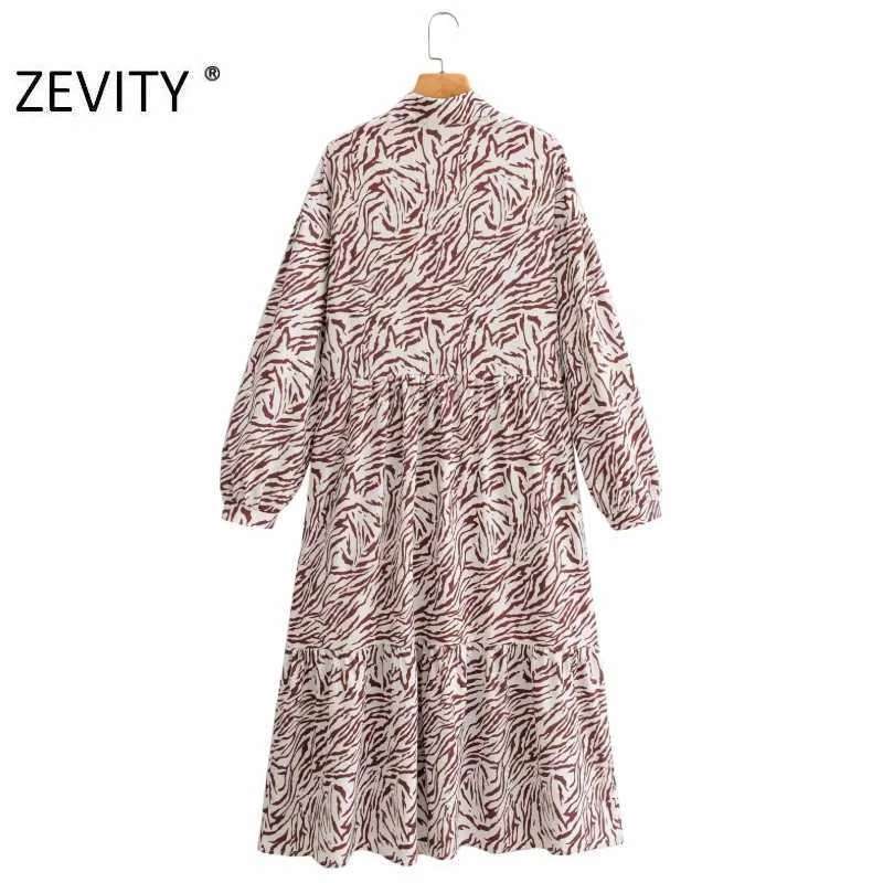 Zevity Autumn Women Vintage Animal Texture Print Shirt Dress Office Ladies Chic Pleats Big Swing Casual Business Vestido DS4548 210603