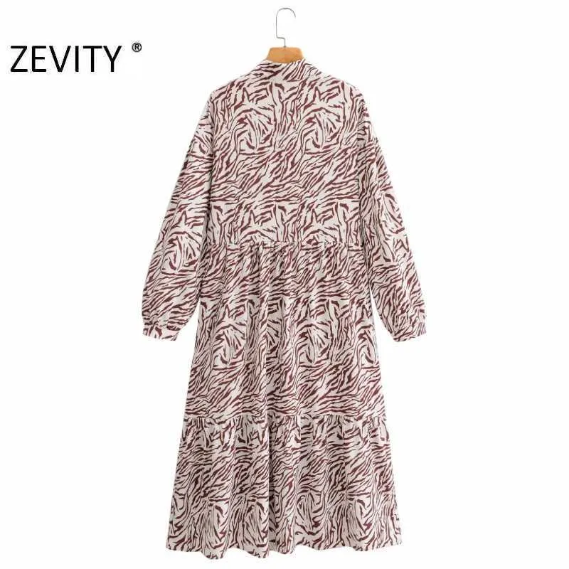 Zevity Autunno Donna Vintage Animal Texture Stampa Abito camicia Office Ladies Chic Pieghe Big Swing Casual Business Vestido DS4548 210603