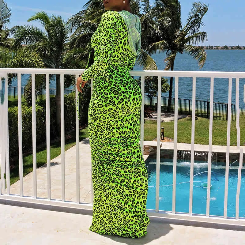 Omsj модная леди зеленый леопардовый печать длинное платье весна осенний рукав уж шеи тонкий Vestidos с шляпой вечеринка клуб одежда 210517