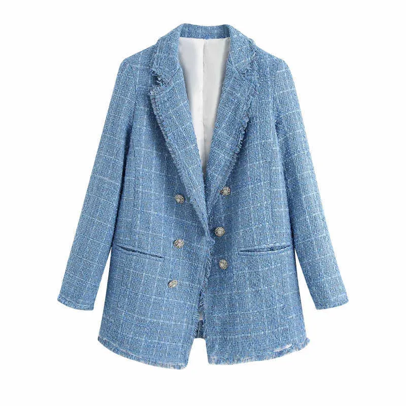 ZXQJ Tweed Mulheres Elegante Blue Blazers Moda Senhoras Vintage Loose Blazer Jaquetas Casuais Feminino Streetwear Suits Meninas Chic 210930