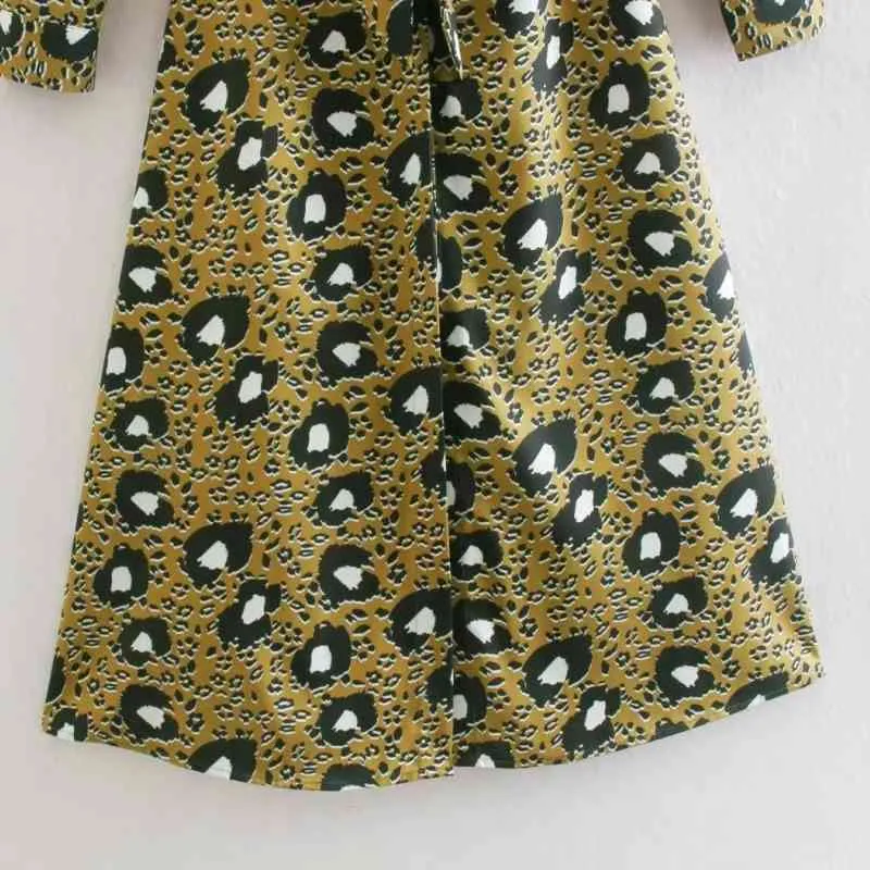 Women Leopard Print Turndown Collar Sashes Midi Shirt Dress Female Long Sleeve Clothes Casual Lady Loose Vestido D7157 210430
