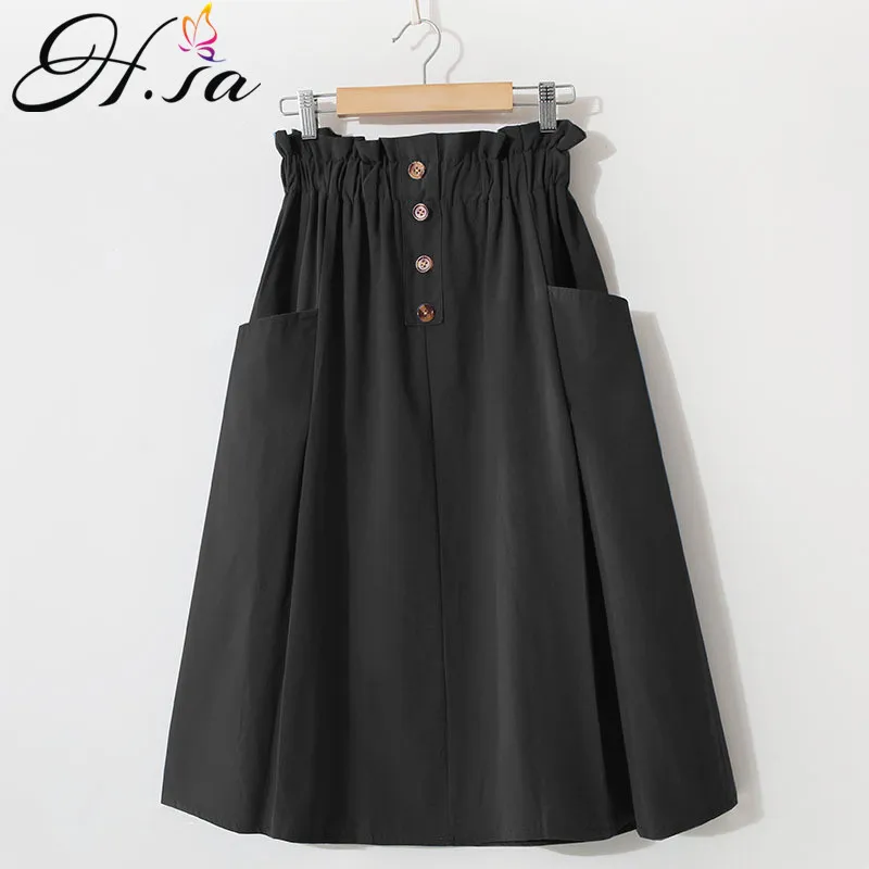HSA super kvalitet vår sommar kvinnor koreanska grön svart knapp kjolar hög midja midi-lång pläterad kjol kvinnlig Saia 210417