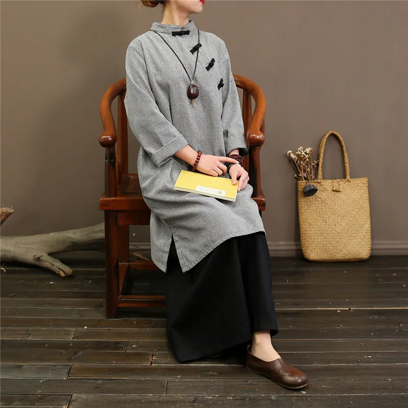 Johnature Chinese Style женщин Cheongsam стенд с длинным рукавом пружинный стенд плед свободно винтажные хлопковые льняные женские ткани 210521