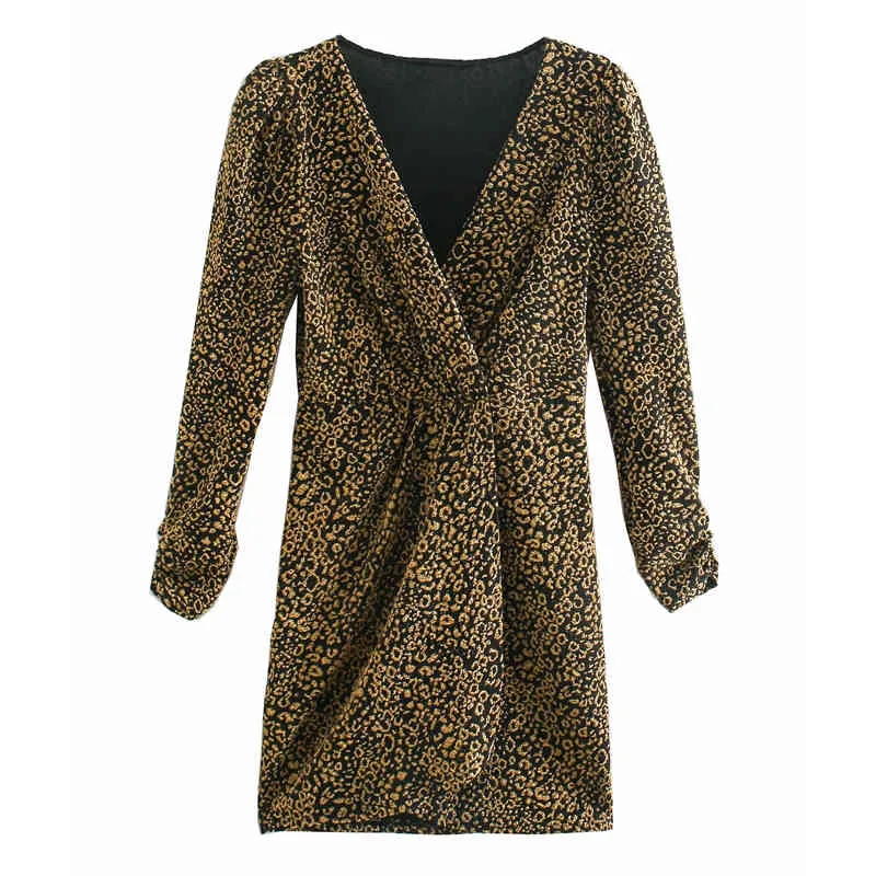 Mini abito da sera leopardato stampato oro Donna Inverno Elegante avvolgente manica lunga Donna Vintage Sexy es 210519