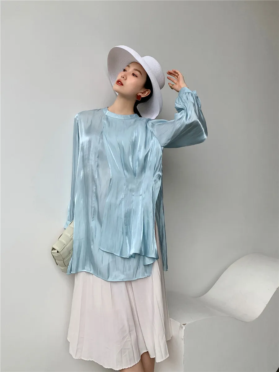 Aqua Blue Satin Blouse à manches longues femmes froncé Top asymétrique dames paillettes mode coréenne vêtements 210427
