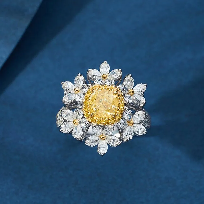 6 fiori 2 cristalli gialli pietre preziose citrino diamanti anelli le donne oro bianco argento gioielli colore bague regali di nozze2151