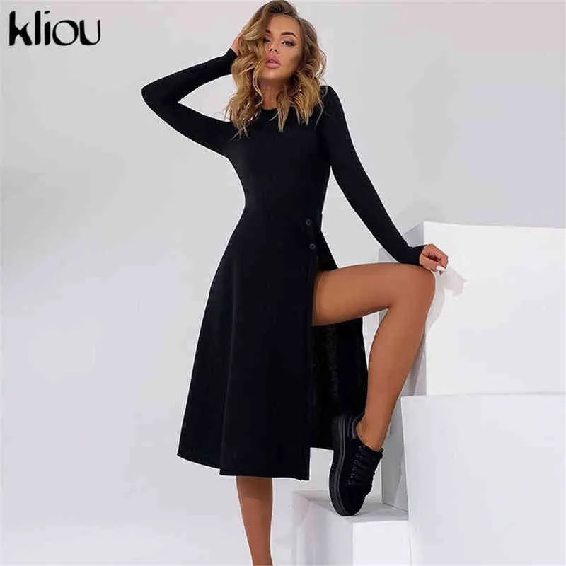 Kliou Cold Thrated Maxi платье женщин уникальный стильный ранняя осень сексуальная кнопка боковая щель юбки элегантный длинный рукав высокий уличный носить Y1204