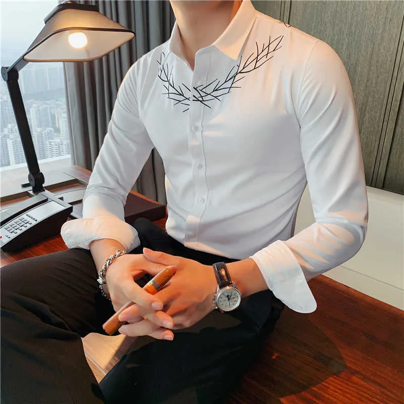 Autumn Shirts for Men Embroidered Long-sleeved Shirt Korean Slim Fit Casual Shirt Business Formal Dress Tops Chemise Homme 210527