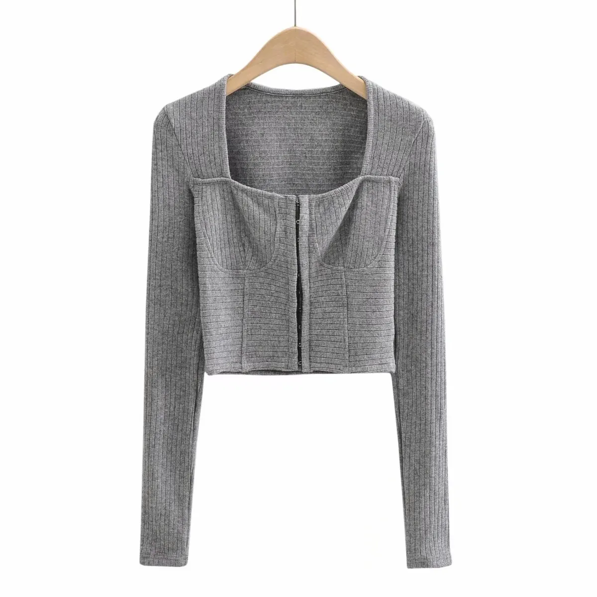 Vintage Women Knitted Cardigan France Style Square Collar Covered Buttons Cropped Sweater Long Sleeve Knitwear 210429