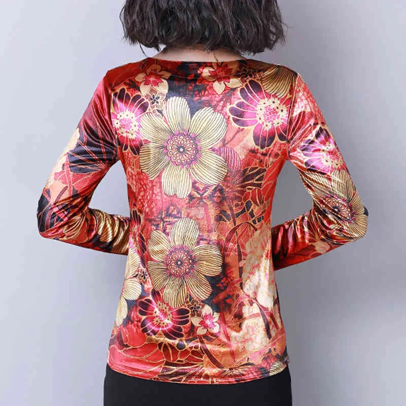 Осень Корейский напечатанные топы с длинным рукавом O-шеи повседневные одежды элегантные женщины блузки тонкий большой размер 6112 50 210415
