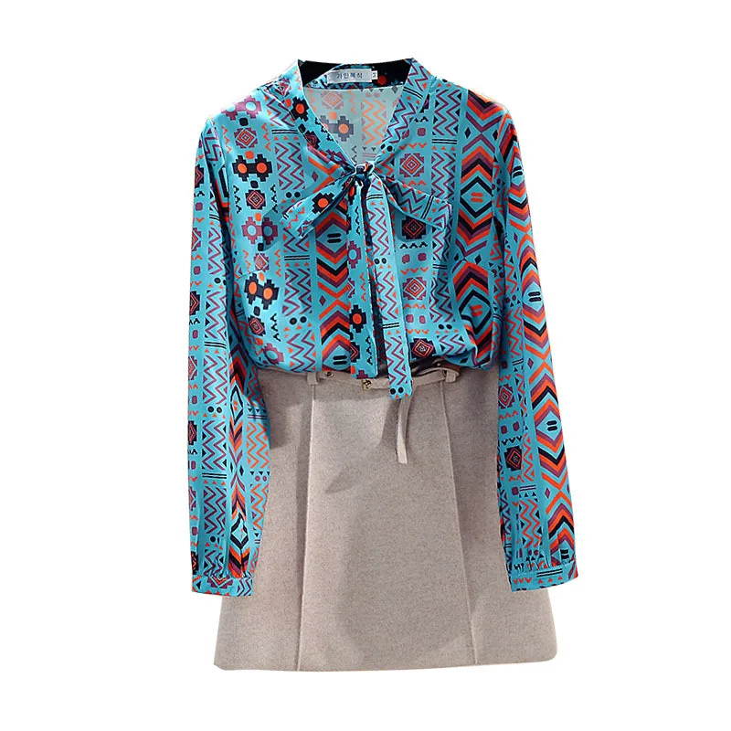 Spring Autumn Women's Blouse Geometric Pattern Print Bowknot Shirt Korean Style Slim Long Sleeve Female Tops GX314 210507