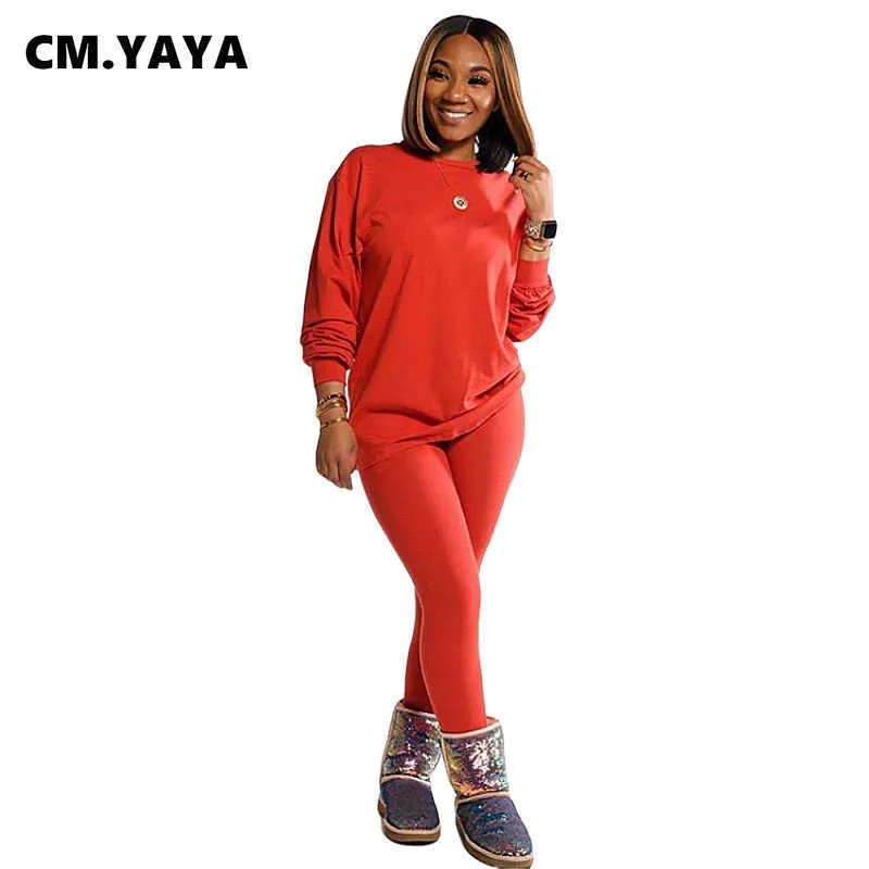 CM.Yaya Aktywny dymu Dwa 2 sztuka Zestaw Dla Kobiet Winter Fitness Outfit Crewneck Bluza + Legging Spodnie Dopasowanie Dres 210930