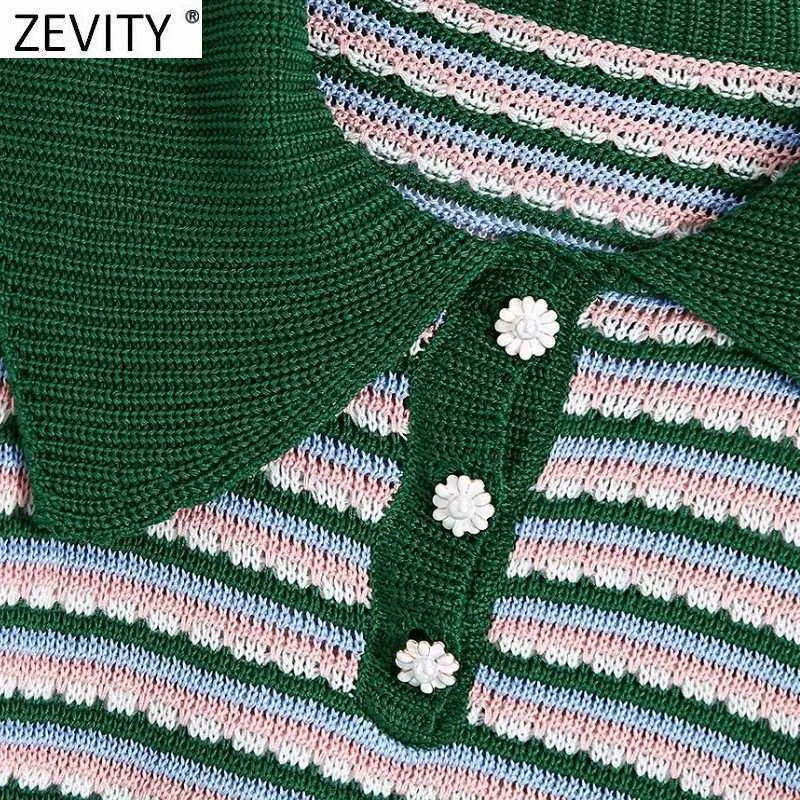 Zevidade Mulheres Vintage Cor Correspondência Listrada Crochet Tricô Senhoras Senhoras Manga Curta Botão Diamante Tops SW829 210603
