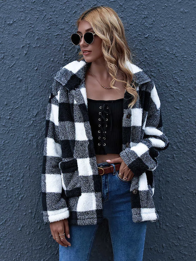 Fitshinling Plaid Vintage Lambswool Winter Coat Women Pockets Checker Black White Jacket Female Fashion Slim Warm Outerwear 211014