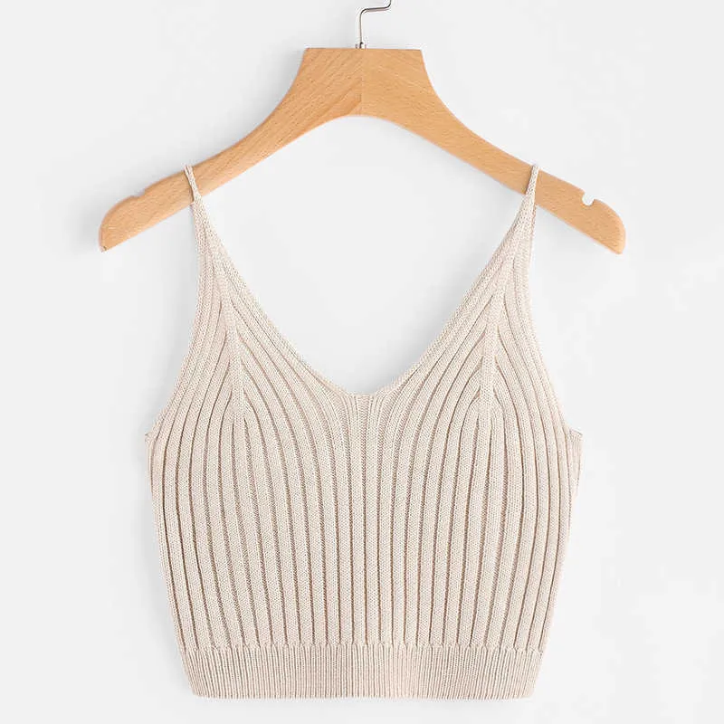 Women Camisoles Female Sleeveless Vest Under-Waist Tops Sexy Intimates Knitted Bra V-Neck Short Thin Strap Elegant Office Basic 210720