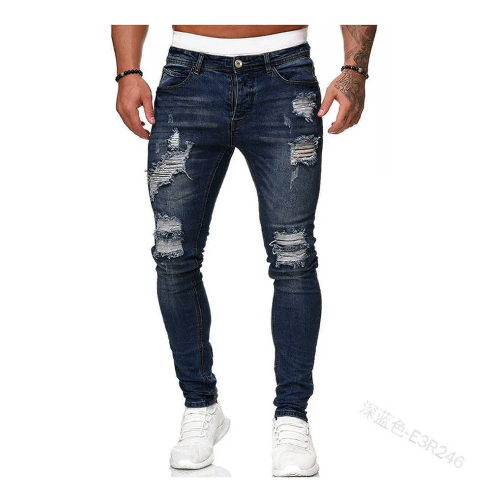 2021 mode jeans män rippade skinny jeans blå penna byxor motorcykel fest casual byxor gata kläder denim jogger byxor x0621