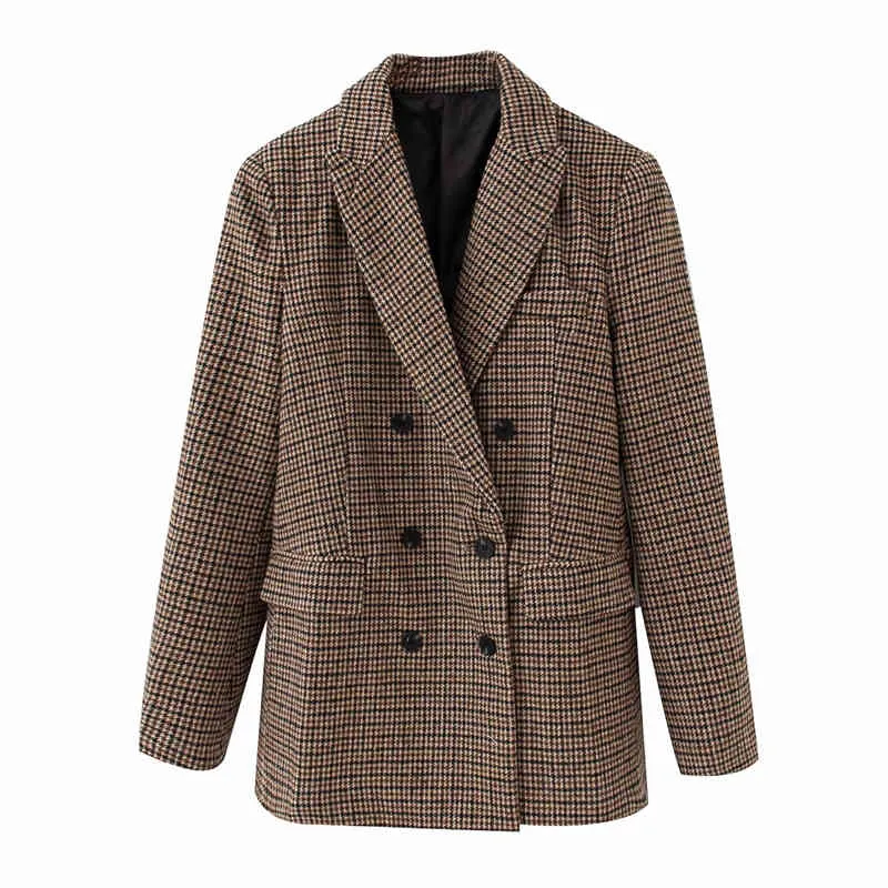 Eleganckie kobiety Podwójne Breasted Blazer Jesień Biuro Damskie Kurtki Przyczynowe Kobiet Brown Plaid Luźne Garnitury Girls Chic Zestawy 210427