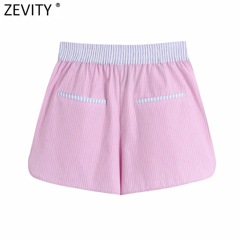 Women Fashion Patchwork Striped Print Casual Summer Shorts Ladies Chic Elastic Waist Pink Color Pantalone Cortos P1029 210420