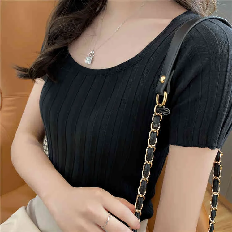 Vêtements coréens décontracté femmes mode à manches courtes O cou Slim Fit tricoté noir bleu rayure T-shirt 600A 210420