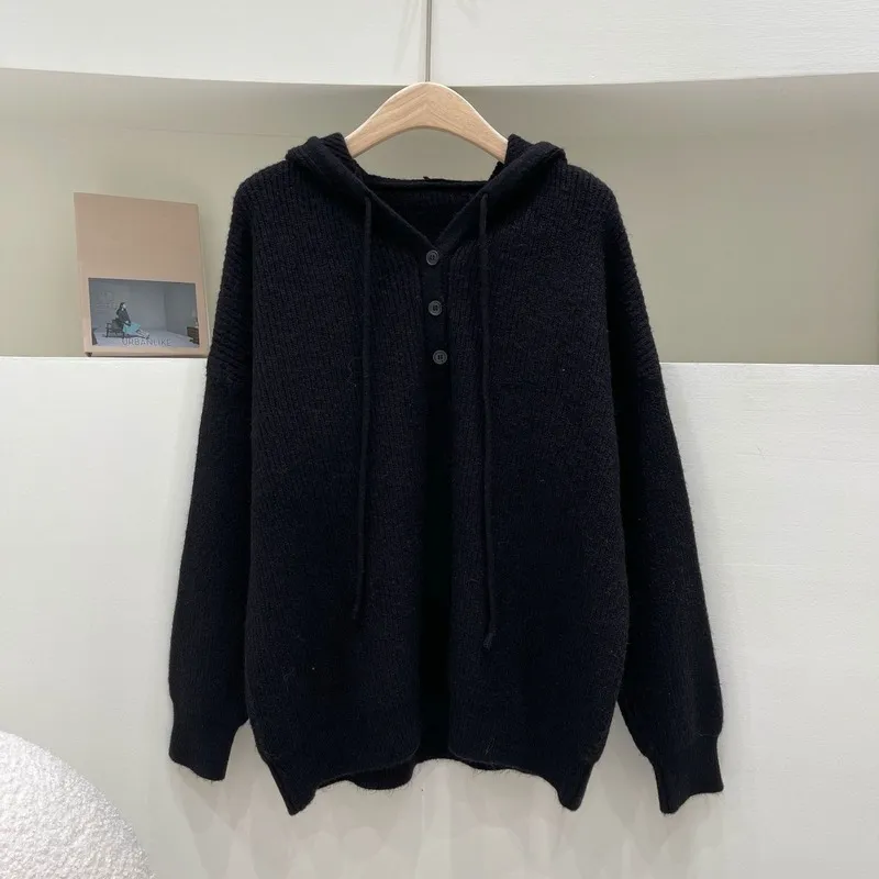 Ebaihui retro koreanska pullover tröjor kvinnor lösa blå hooded pullovers v-neck långärmad casual damer stickade toppar