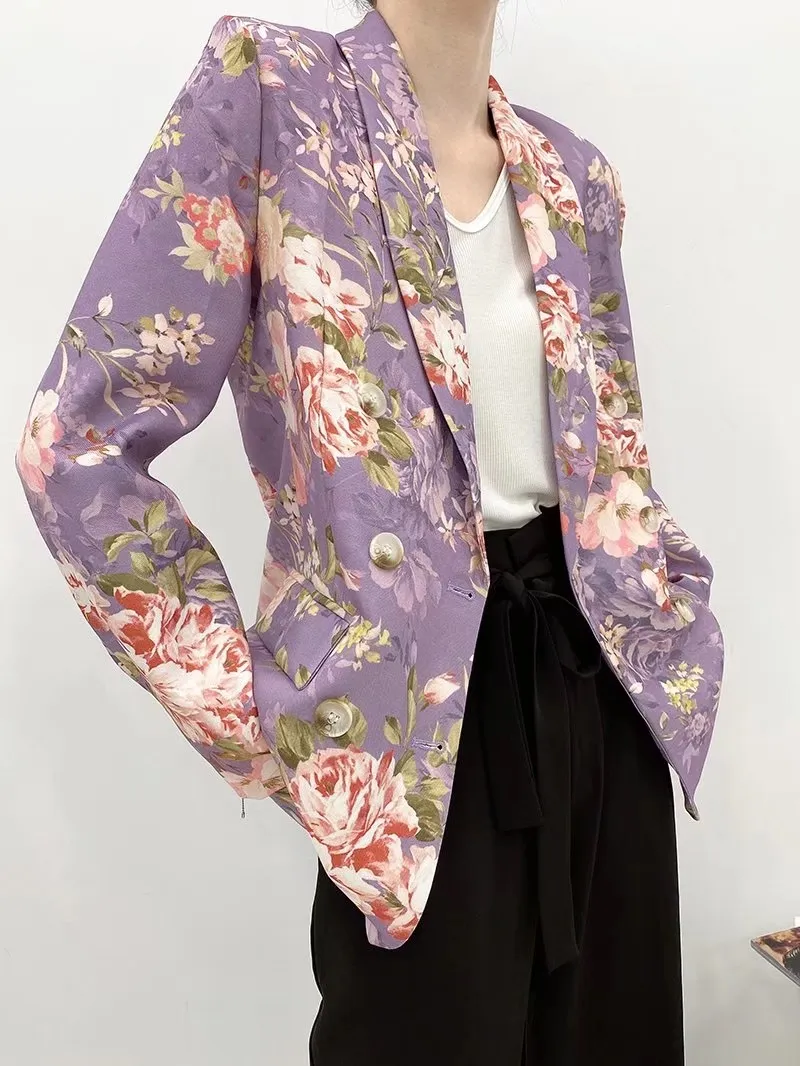 Höst Chic Shawl Collar Purple Daisy Flower Print Blazer Vintage BF Style Mid Lång Kvinnor Suit Coat Loose Femme 210429