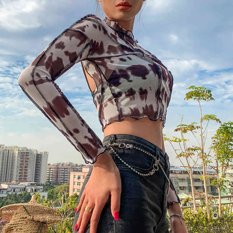 spring summer black mesh patchwork crop tops women long sleeves sexy backless T-shirt fashion vintage stretch tees 210518