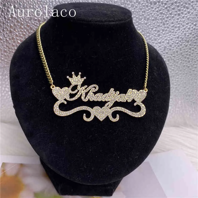 AurolaCo Aangepaste naamketting met diamanten bling roestvrij staal gouden plaat voor vrouwen cadeau 220119281T
