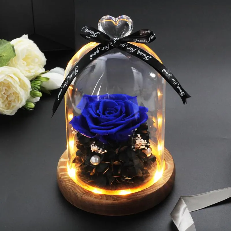 Couronnes de fleurs décoratives, décoration de maison, cadeaux de fête de mariage, vraie fleur dans un dôme de verre sur Base en bois pour la saint-valentin LED Ro327W