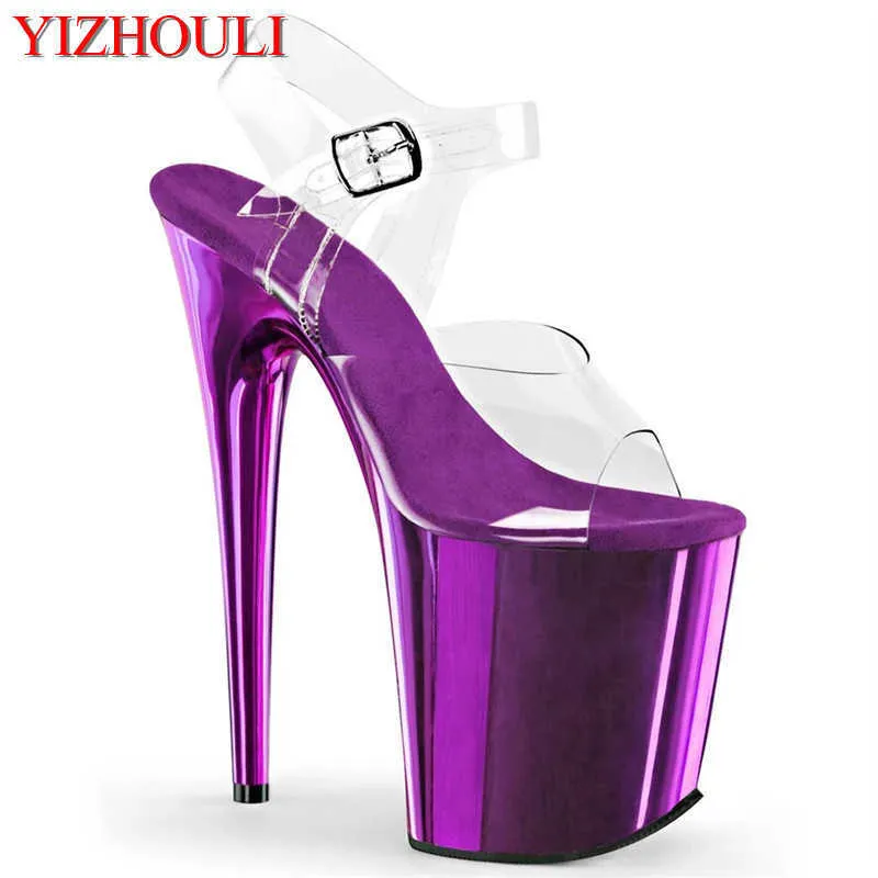8 inch, high heel sandals, transparent upper, 20cm electroplated stiletto heels, pole dancing sandals for fashion models Y0721