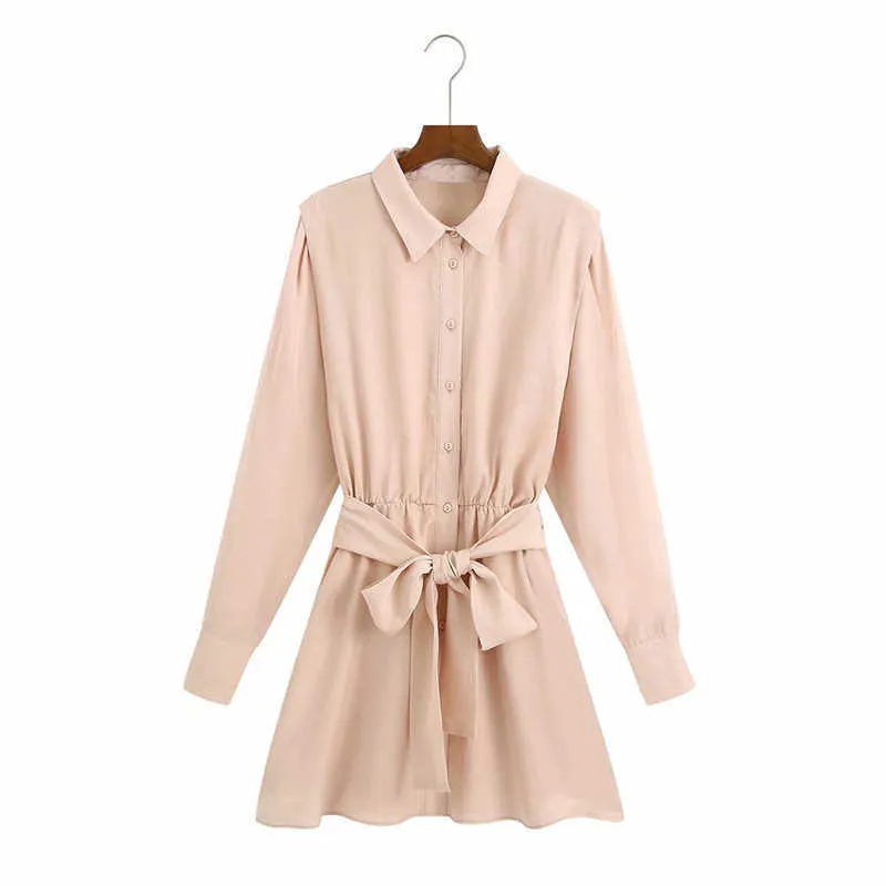 Mulheres Mini Za Autumn Shell Camisa Vestido Amarrado Cinto Self Cetim Vestido Lapela Coleira Manga Longa Elastic Waistband Elegante Vestidos 210602