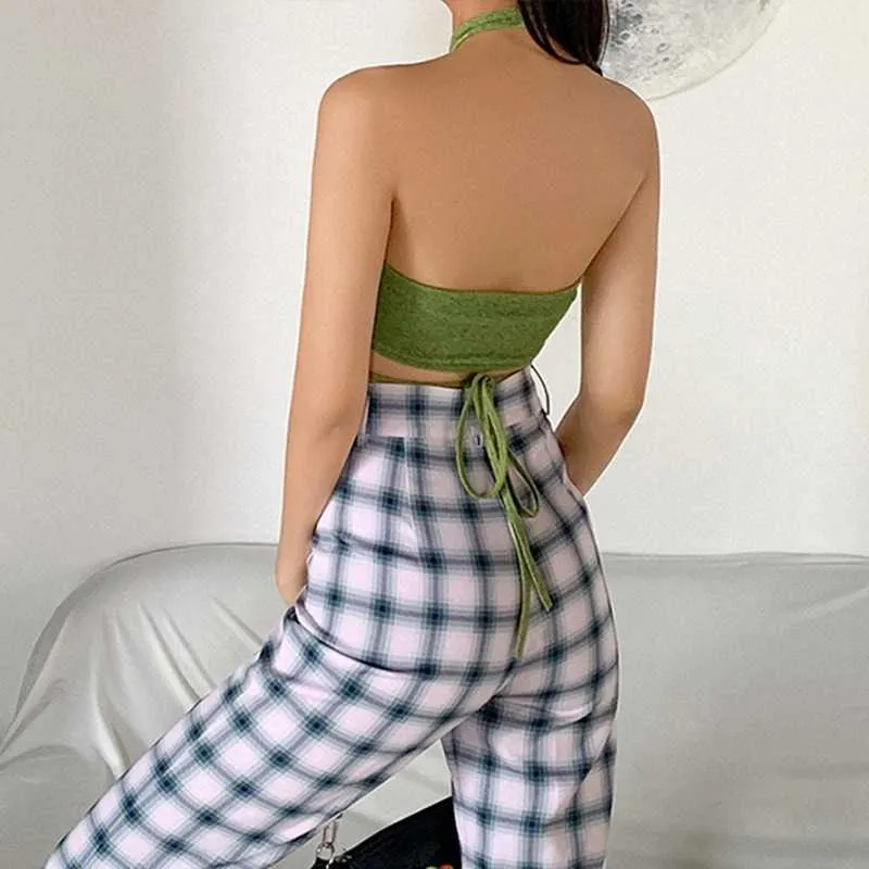 Kancool Green Sexy Bandage Halter Crop Tops för Kvinnor Ärmlös Backless Club Party Chic Wrap Beskuren Top Slim Streetwear Y0622