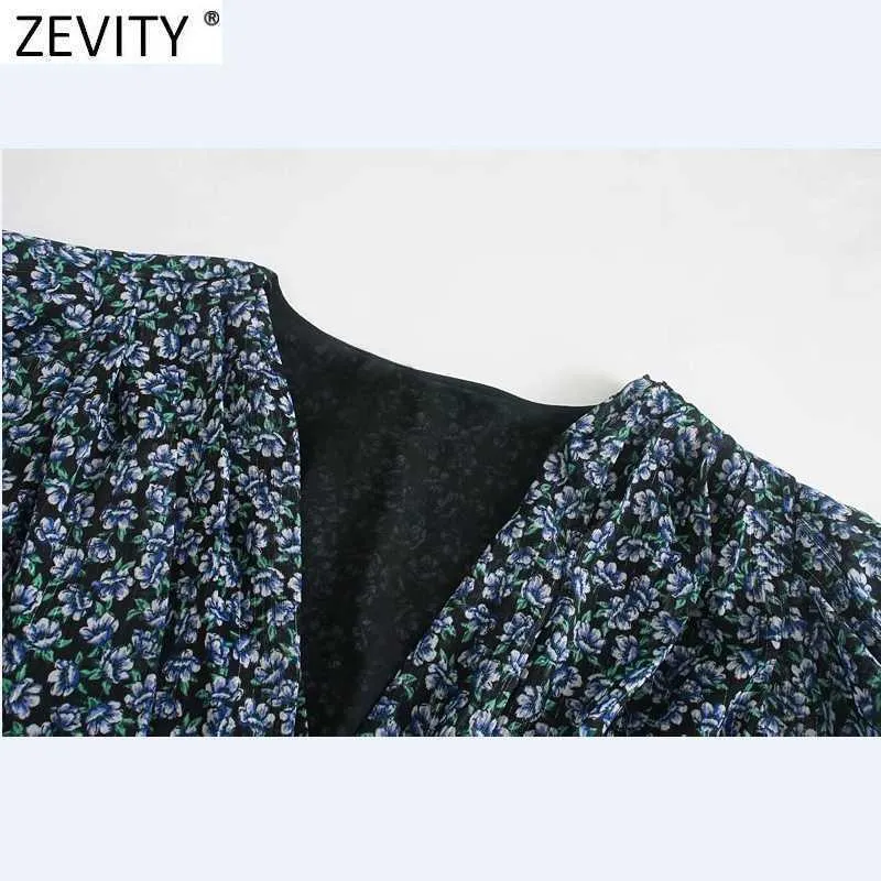 Zevity femmes doux croix col en V imprimé chemisier court décontracté manches bouffantes ourlet élastique en mousseline de soie chemises Chic femme Blusas hauts LS7323 210603