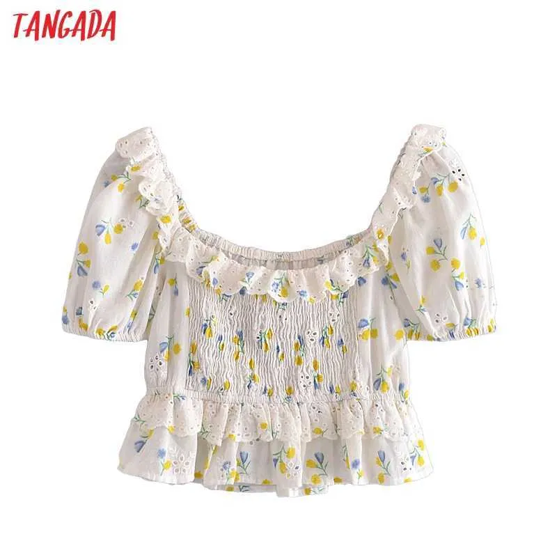 Tangada Femmes Fleur Volants Broderie Romantique Blouse Chemise Hors Épaule À Manches Courtes Chic Femelle Tops 3H315 210609