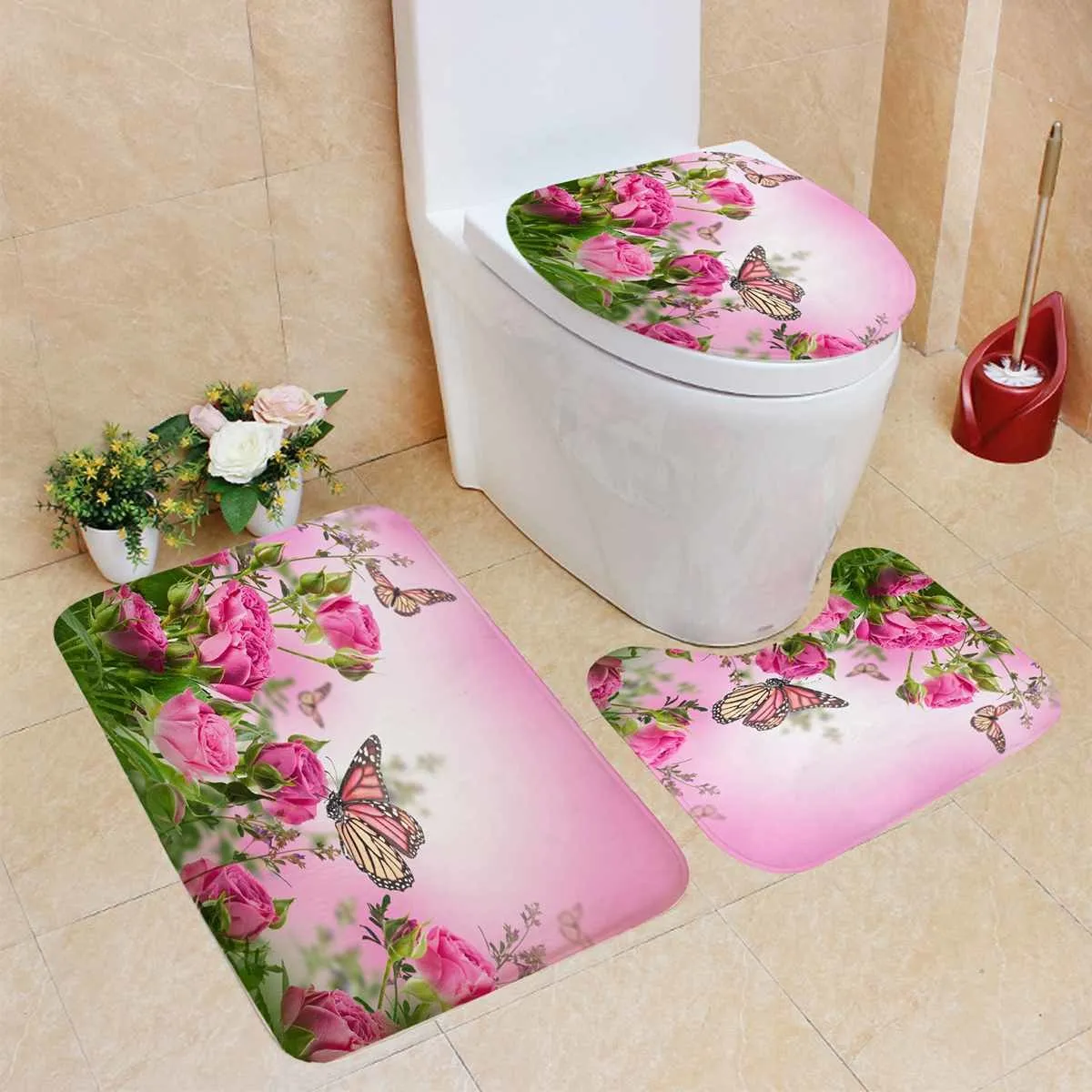 Flower Butterfly Printed Shower Curtains Bathroom Curtain Pink Rose Bathroom Set Toilet Seat Cover Rugs Non-slip Bath Mat 210402