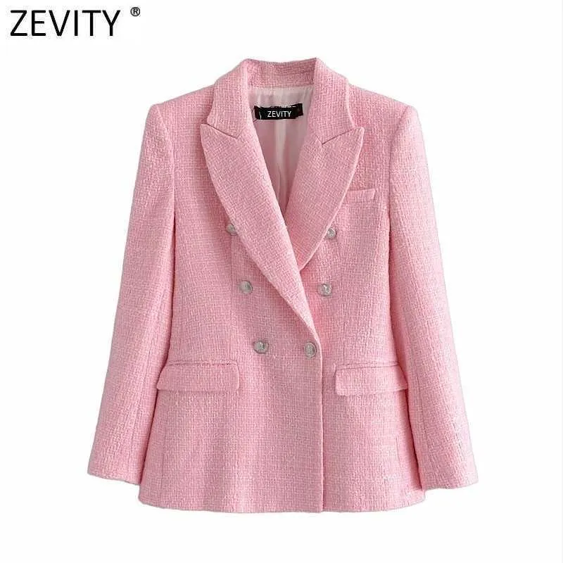 Zevity Women Sweet Double Breated Texture Pink Tweed Woolen Blazerコートビンテージ女性のアウターシックなビジネススリムトップスCT714 210603