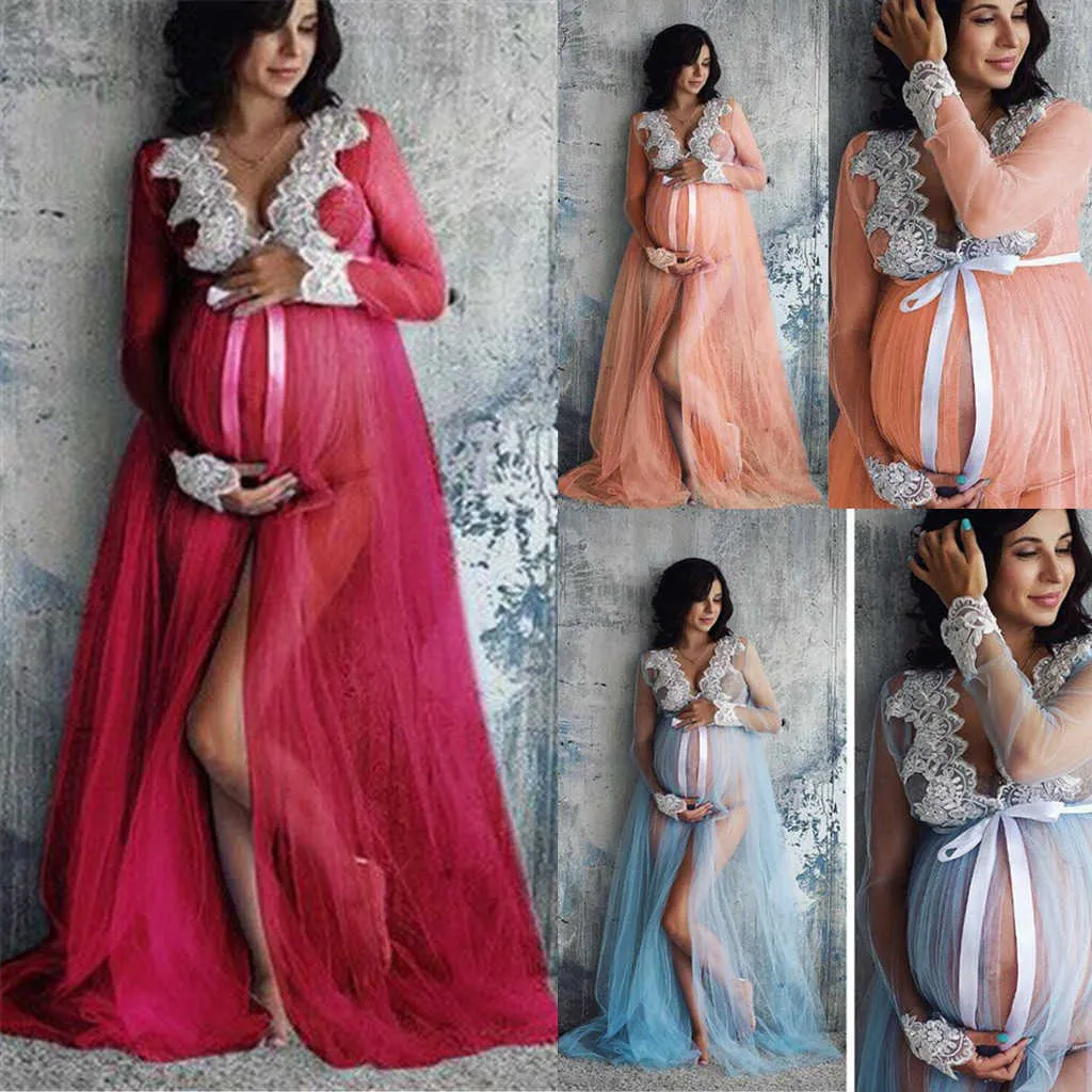 Ny Summer Lace Maternity Dress Women Gravid Maternity Gown Fotografi Props Kostym Graviditet Spets Lång Maxi Klänning Y0924