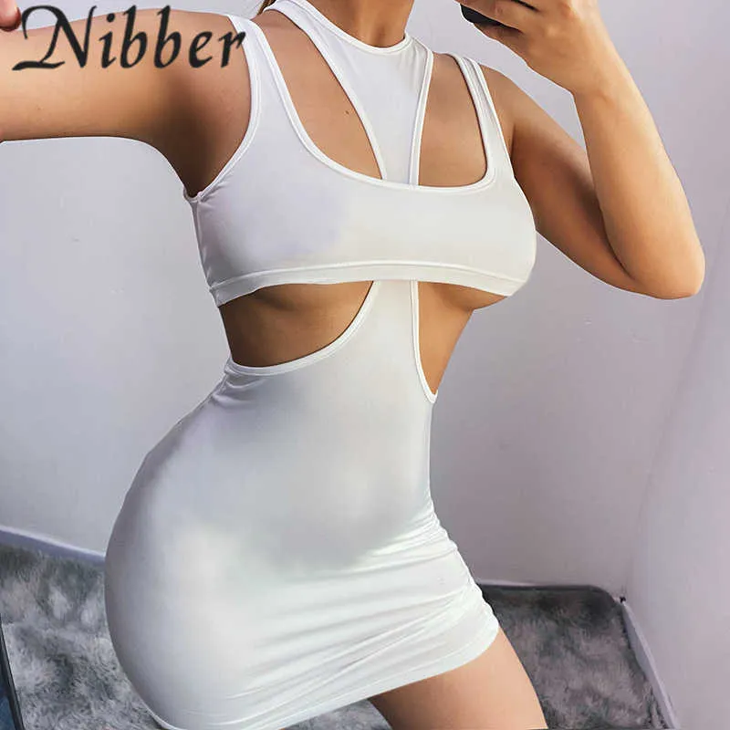 Nibber Y2K Pure Color Sexy Cut Out 2 Deux Pièces Mini Robe Ensembles Femmes Été Sans Manches Bandage Robes Moulantes Party Clubwear Y0823