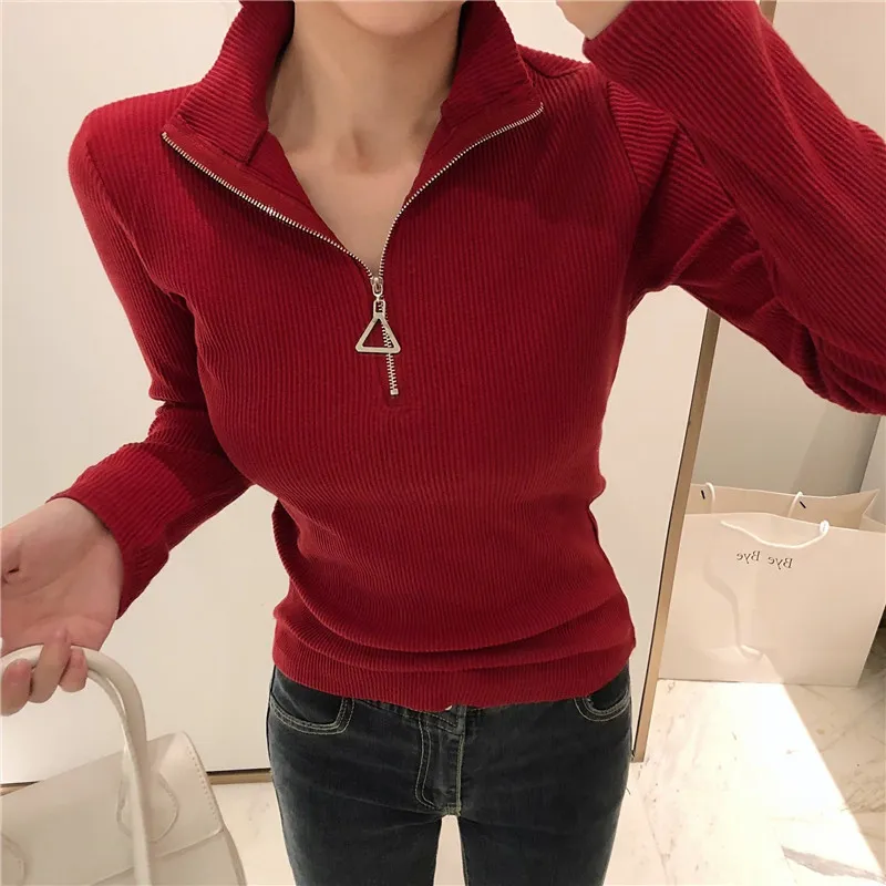 Suéter de manga larga de estilo coreano para otoño e invierno, jersey de punto con cremallera de cuello alto para mujer, jersey de oficina ajustado para mujer 11043 210508